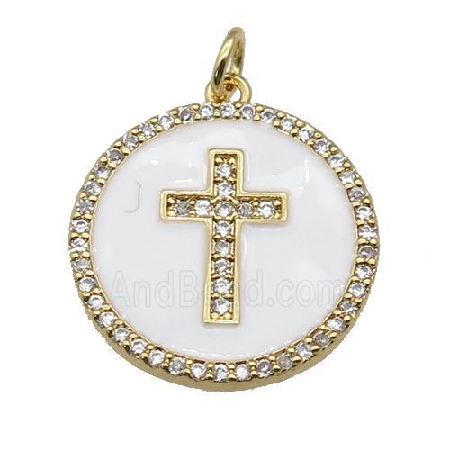 copper circle Cross pendant paved zircon, white enamel, gold plated