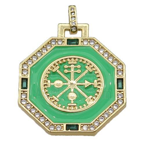 copper Hexagon pendant paved zircon, green enamel, gold plated