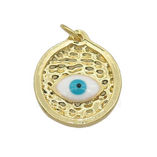 copper circle pendant with white enamel Evil Eye, gold plated