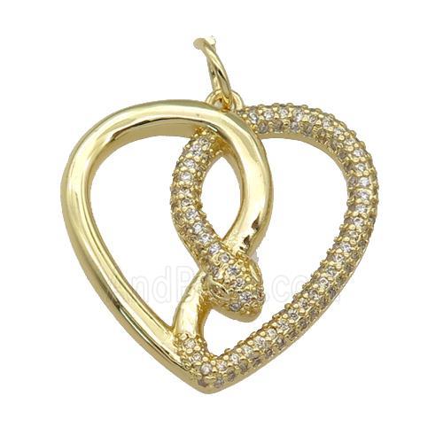 copper Heart pendant paved zircon, snake, gold plated