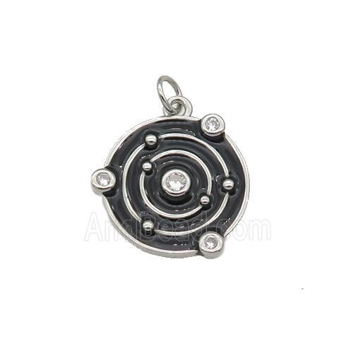 Copper Planet Pendant Pave Zirconia Black Enamel Platinum Plated