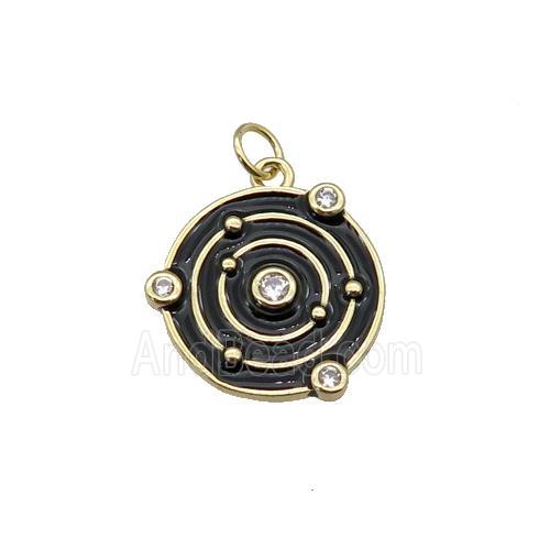 Copper Planet Pendant Pave Zirconia Black Enamel Gold Plated