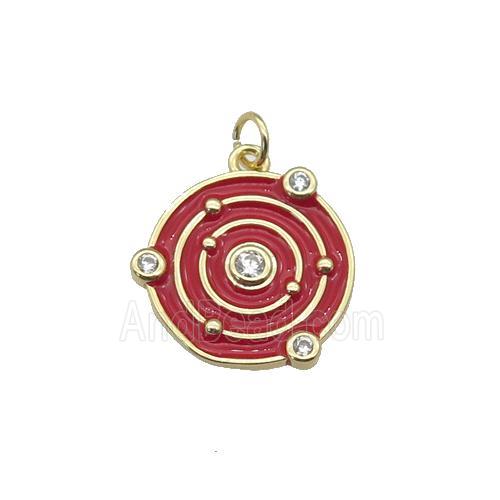 Copper Planet Pendant Pave Zirconia Red Enamel Gold Plated