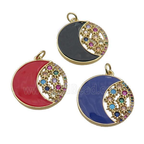 copper circle Moon pendant paved zircon with enamel, gold plated, mixed