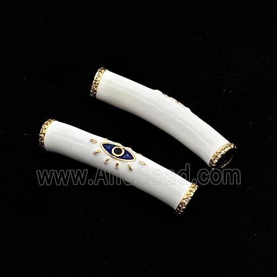 copper curved tube beads with white enamel, eye, gold plated