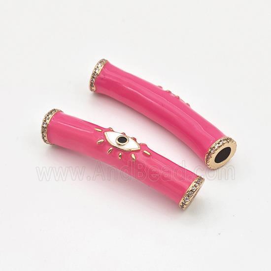 copper curved tube beads with hotpink enamel, eye, gold plated