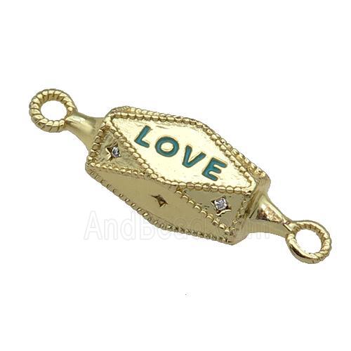 copper hexagon connector paved zircon, LOVE, gold plated