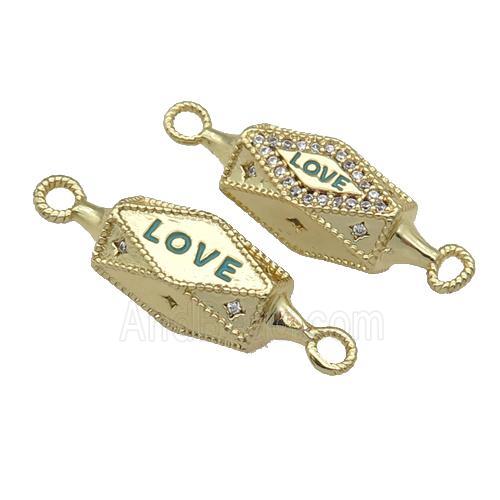 copper hexagon connector paved zircon, LOVE, gold plated