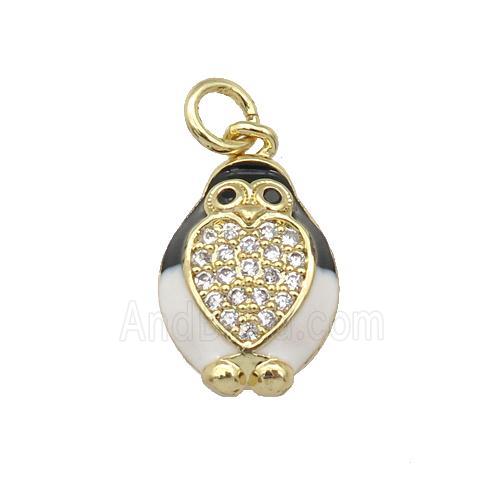 copper Penguin pendant paved zircon, enamel, gold plated