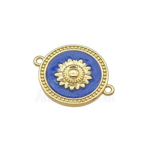 copper coin flower connector with blue enamel, gold plated