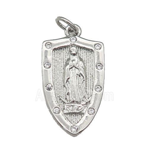 copper Virgin Mary Shield pendant paved zircon, religious, platinum plated
