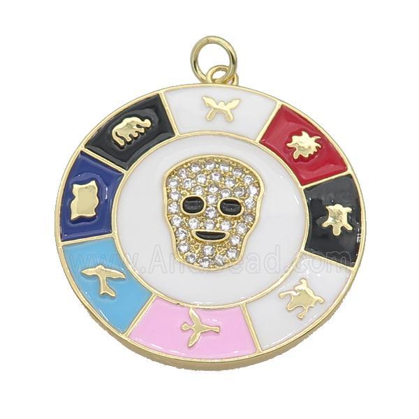 copper circle astrology pendant paved zircon, Skull, medallion, gold plated