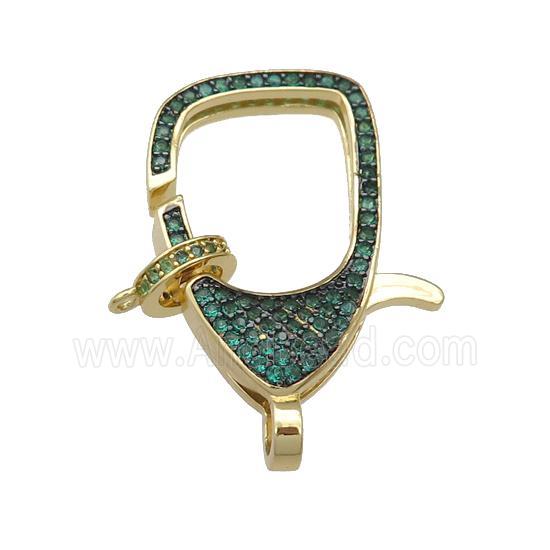 copper Lobster Clasp paved green zircon, gold plated