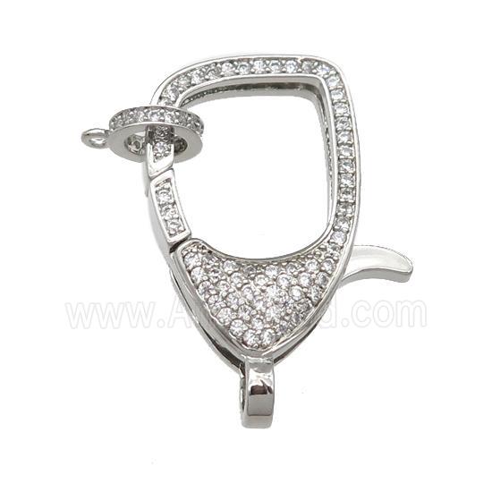 copper Lobster Clasp paved clear zircon, platinum plated