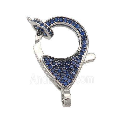 copper Lobster Clasp paved blue zircon, platinum plated
