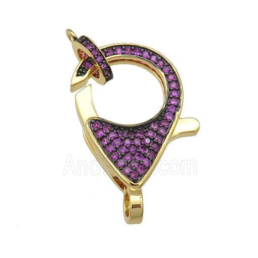 copper Lobster Clasp paved hotpink zircon, gold plated