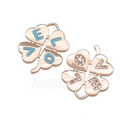 copper Clover pendant paved zircon, enamel, LOVE, rose gold