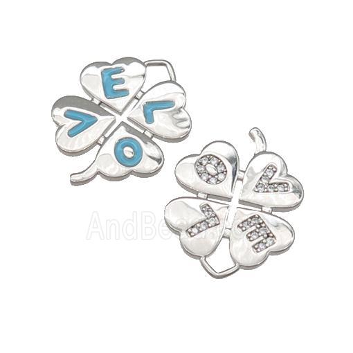 copper Clover pendant paved zircon, enamel, LOVE, platinum plated