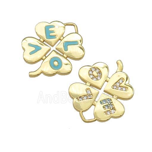 copper Clover pendant paved zircon, enamel, LOVE, gold plated