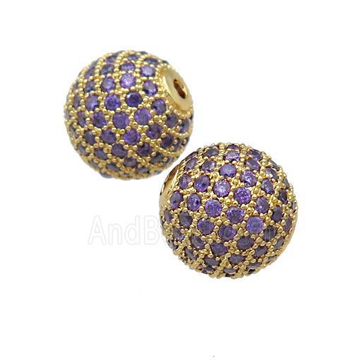 round copper Beads pave purple zircon, gold plated