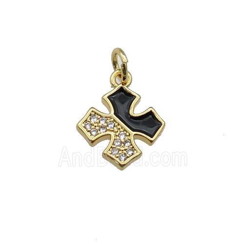 copper cross pendant paved zircon with black enamel, gold plated