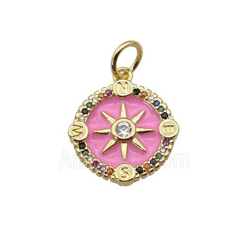 copper Compass pendant paved zircon with pink enamel, gold plated