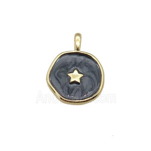 copper coin pendant with black enamel, star, gold plated