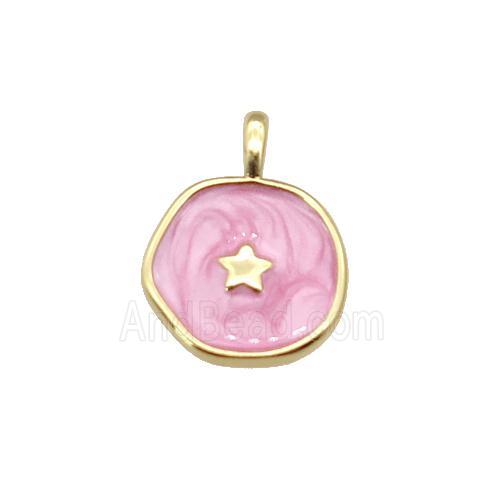 copper coin pendant with pink enamel, star, gold plated