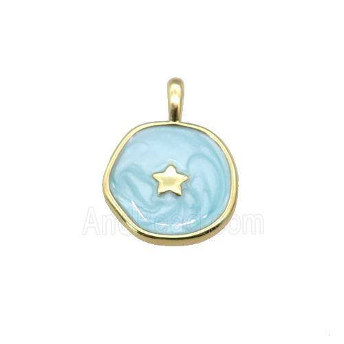 copper coin pendant with teal enamel, star, gold plated