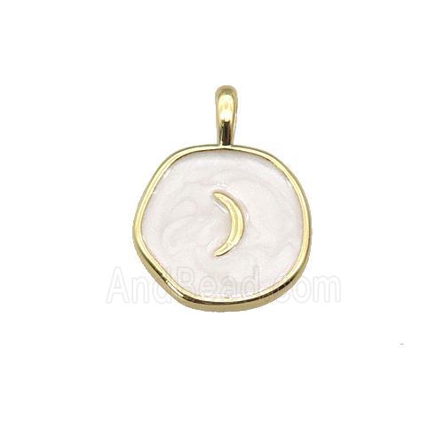 copper coin pendant with white enamel, moon, gold plated