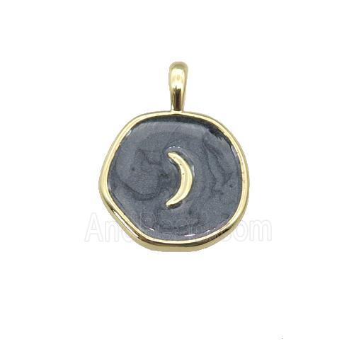 copper coin pendant with black enamel, moon, gold plated