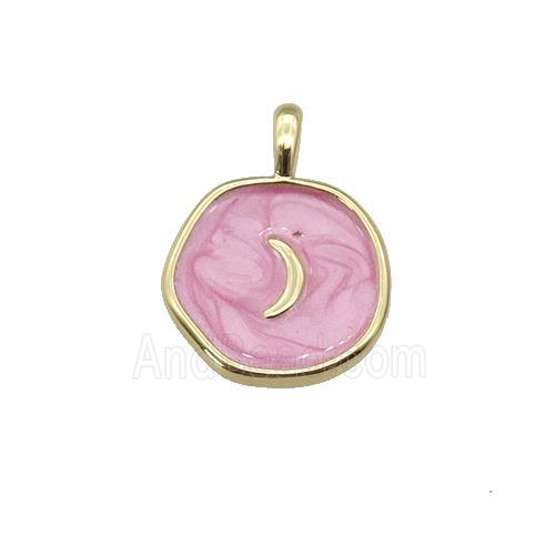 copper coin pendant with pink enamel, moon, gold plated