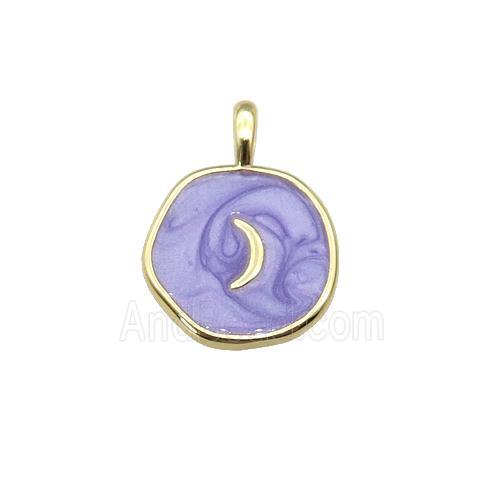 copper coin pendant with lavender enamel, moon, gold plated