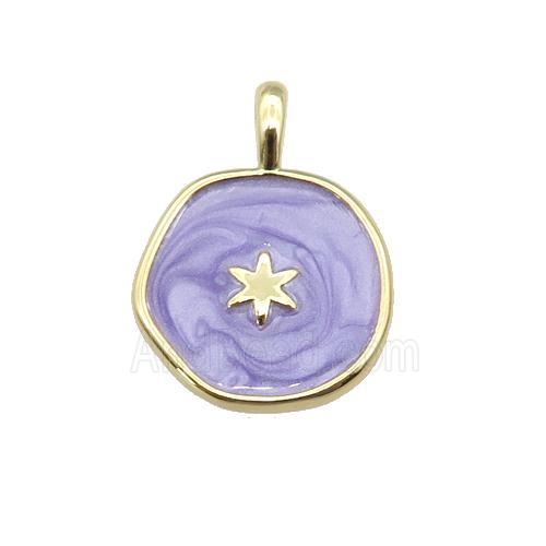 copper coin pendant with lavender enamel, star, gold plated