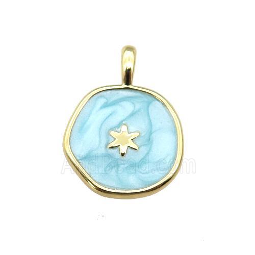 copper coin pendant with teal enamel, star, gold plated