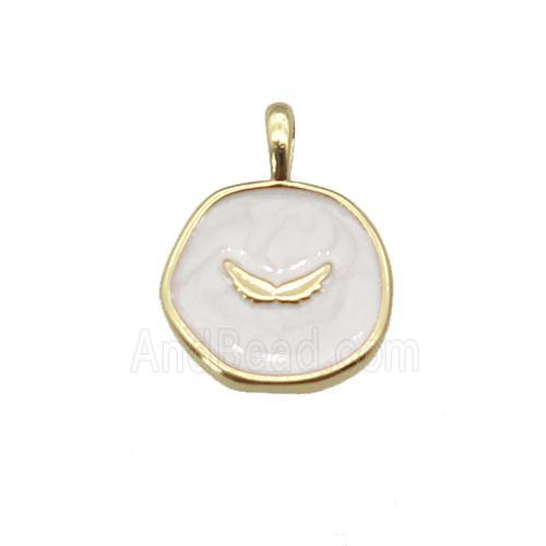 copper coin pendant with white enamel, wing, gold plated