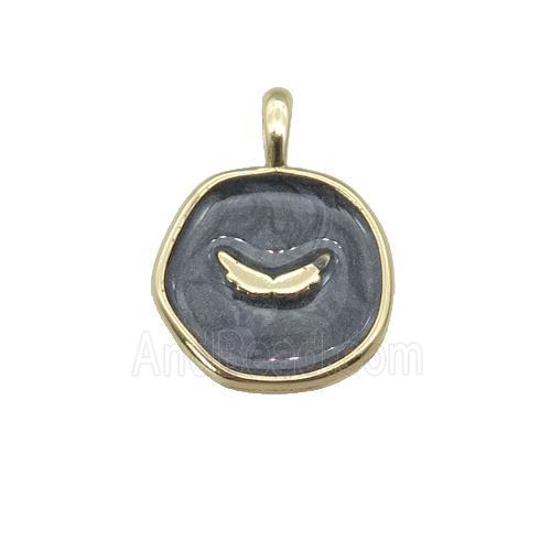copper coin pendant with balck enamel, wing, gold plated