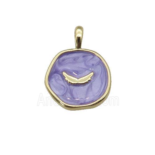 copper coin pendant with lavender enamel, wing, gold plated