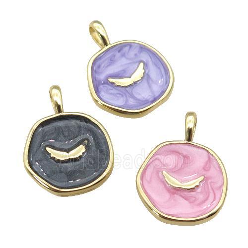 copper circle coin pendant with enamel, wing, gold plated, mixed