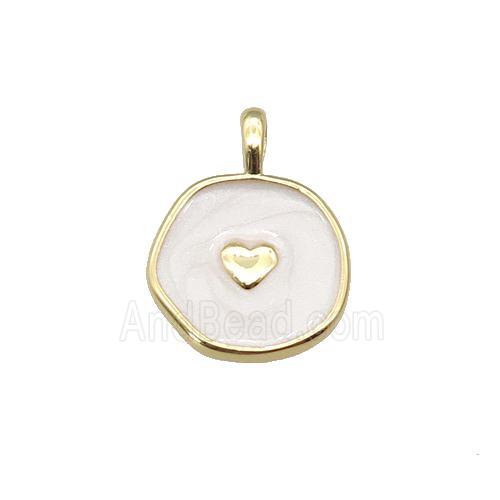 copper coin pendant with white enamel, heart, gold plated