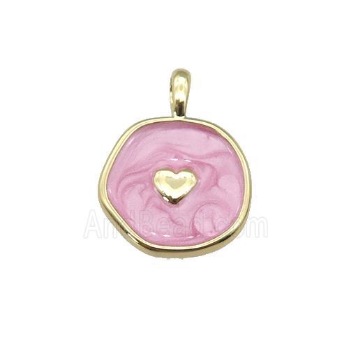 copper coin pendant with pink enamel, heart, gold plated