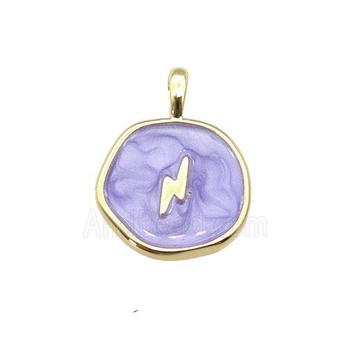 copper coin pendant with lavender enamel, lightning, gold plated