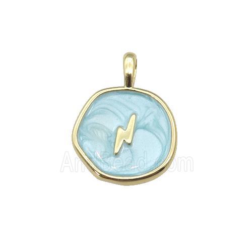 copper coin pendant with teal enamel, lightning, gold plated