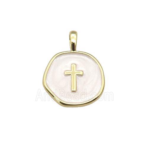copper coin pendant with white enamel, cross, gold plated