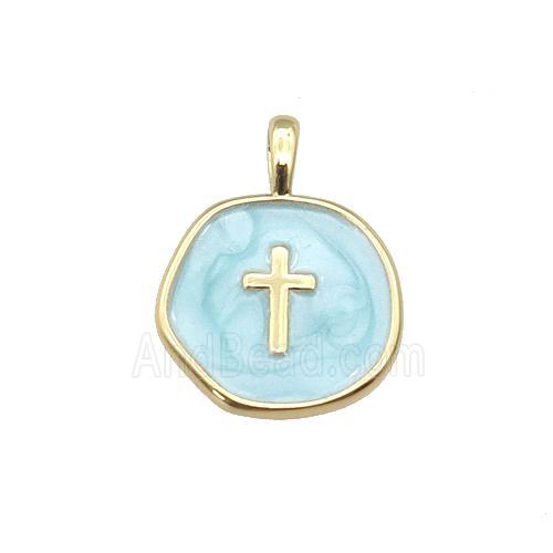 copper coin pendant with teal enamel, cross, gold plated