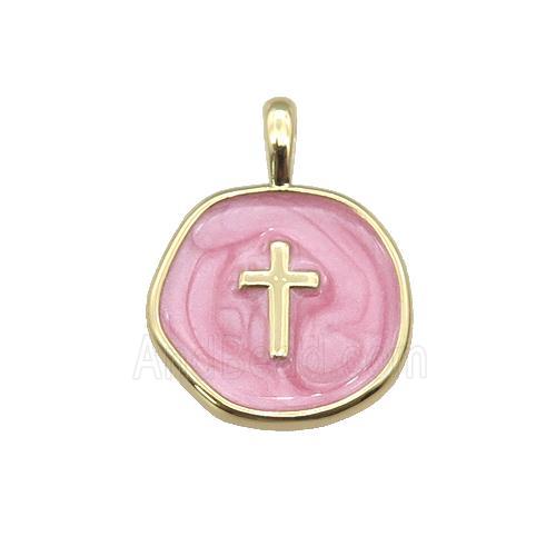 copper coin pendant with pink enamel, cross, gold plated