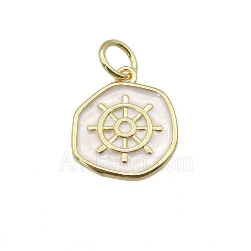 copper coin pendant with white enamel, ships wheel, gold plated
