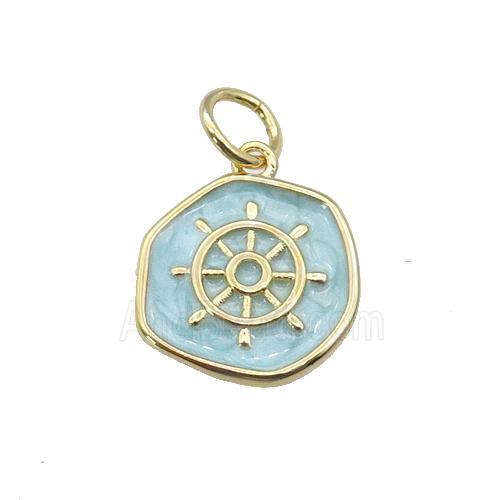 copper coin pendant with teal enamel, ships wheel, gold plated