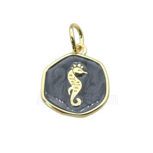 copper coin pendant with black enamel, seahorse, gold plated