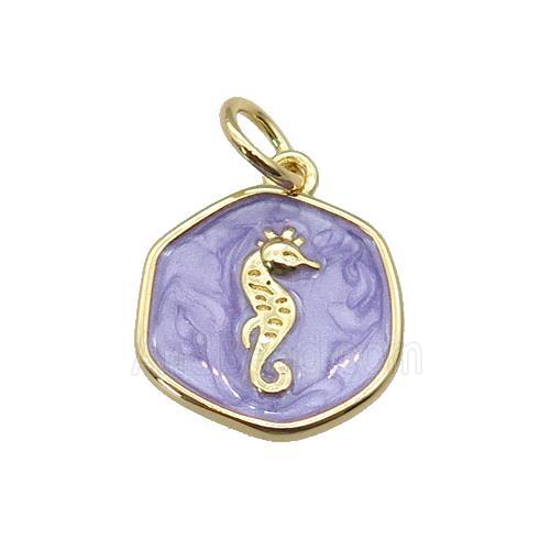 copper coin pendant with lavender enamel, seahorse, gold plated